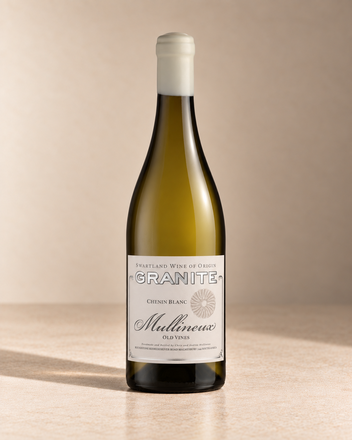 'Granite' Chenin Blanc 2023 single wine bottle on a warm beige studio background