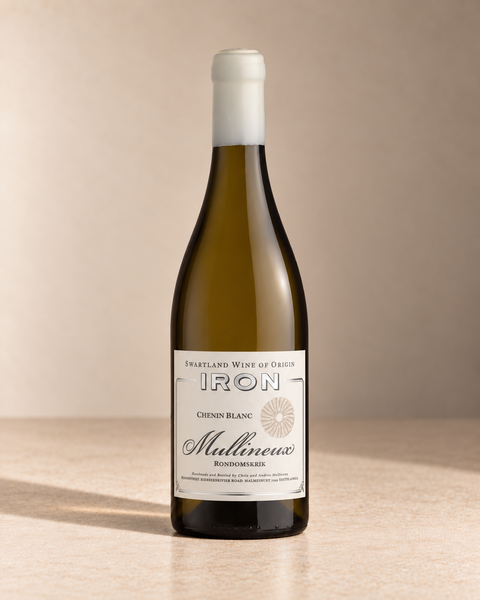 'Iron' Chenin Blanc 2023 single wine bottle on a warm beige studio background