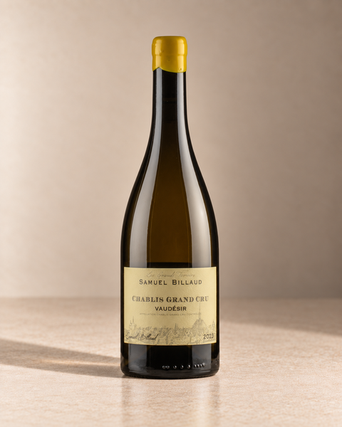 'Vaudésir' Chablis Grand Cru 2023 single wine bottle on a warm beige studio background