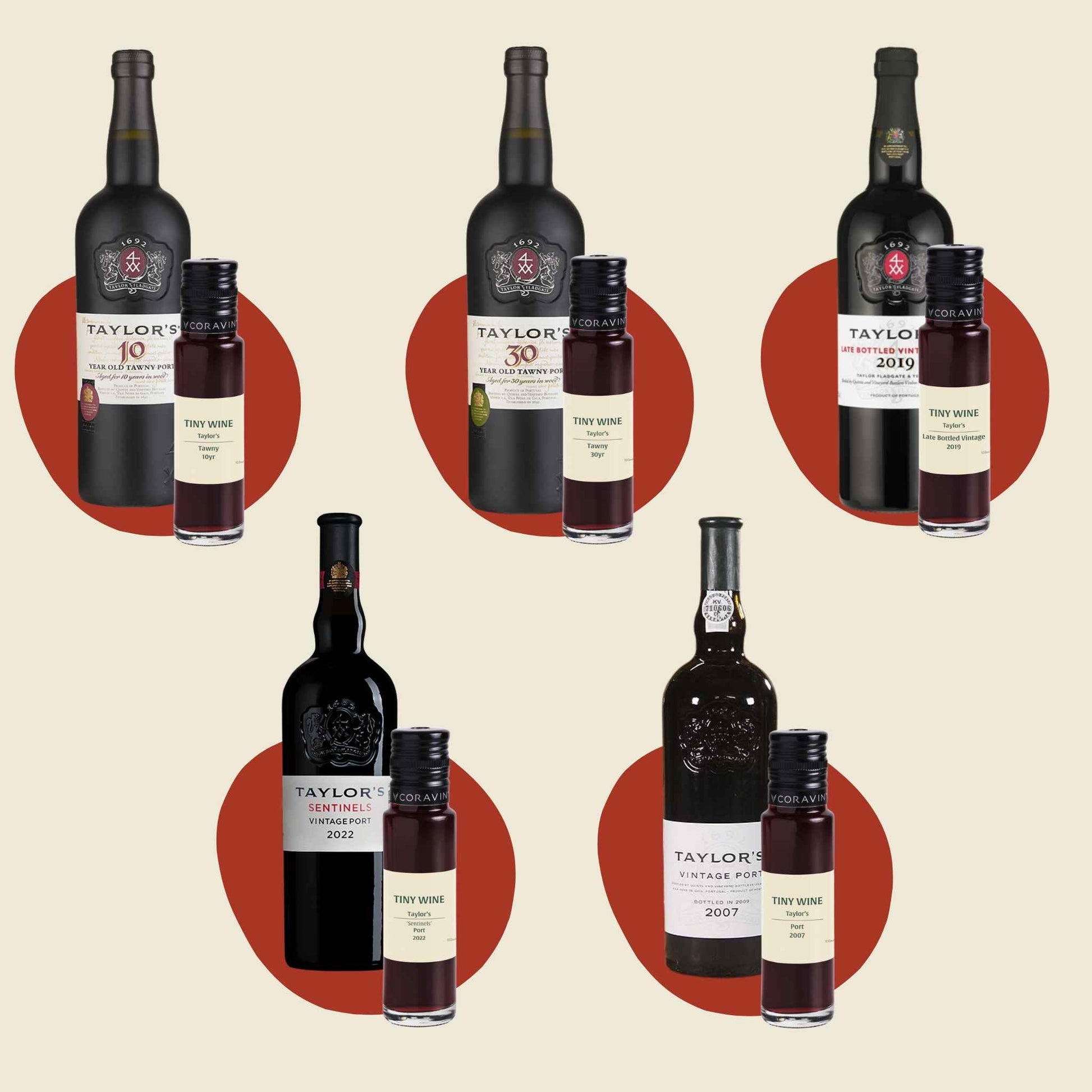 Taylor’s Port Collection tasting kit showing five Taylor’s Port bottles alongside perfectly sized Tiny Wine samples