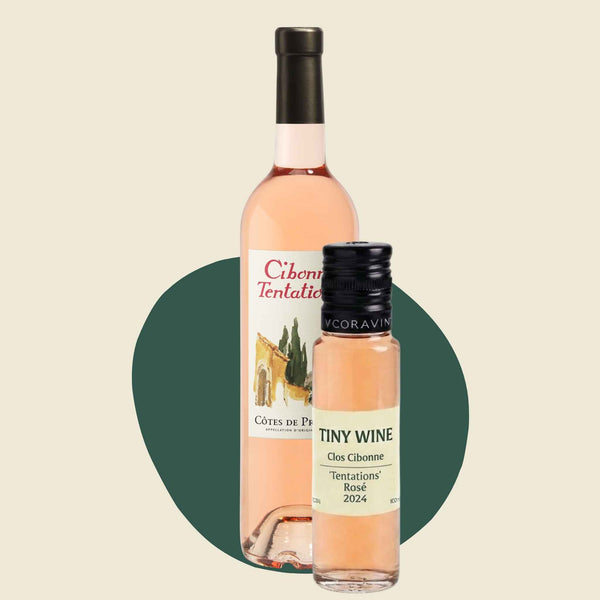 Clos Cibbone 'Tentations' Rosé 2024 wine bottle alongside 100ml Tiny Wine tube