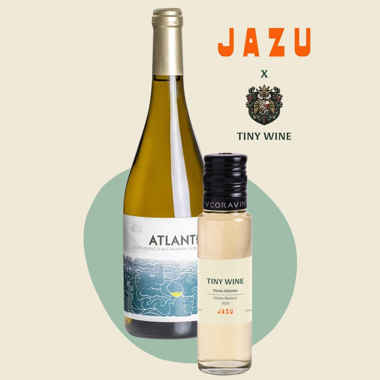 Vinos Atlante Listan Blanco 2021 wine bottle alongside 100ml Tiny Wine tube