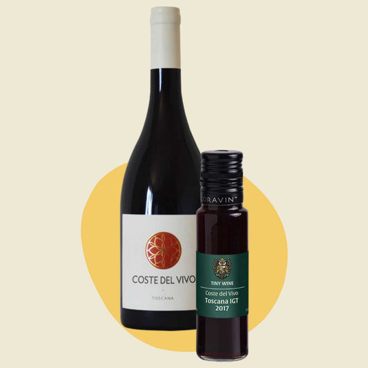 Coste del Vivo Toscana IGT 2017 wine bottle alongside 100ml Tiny Wine tube