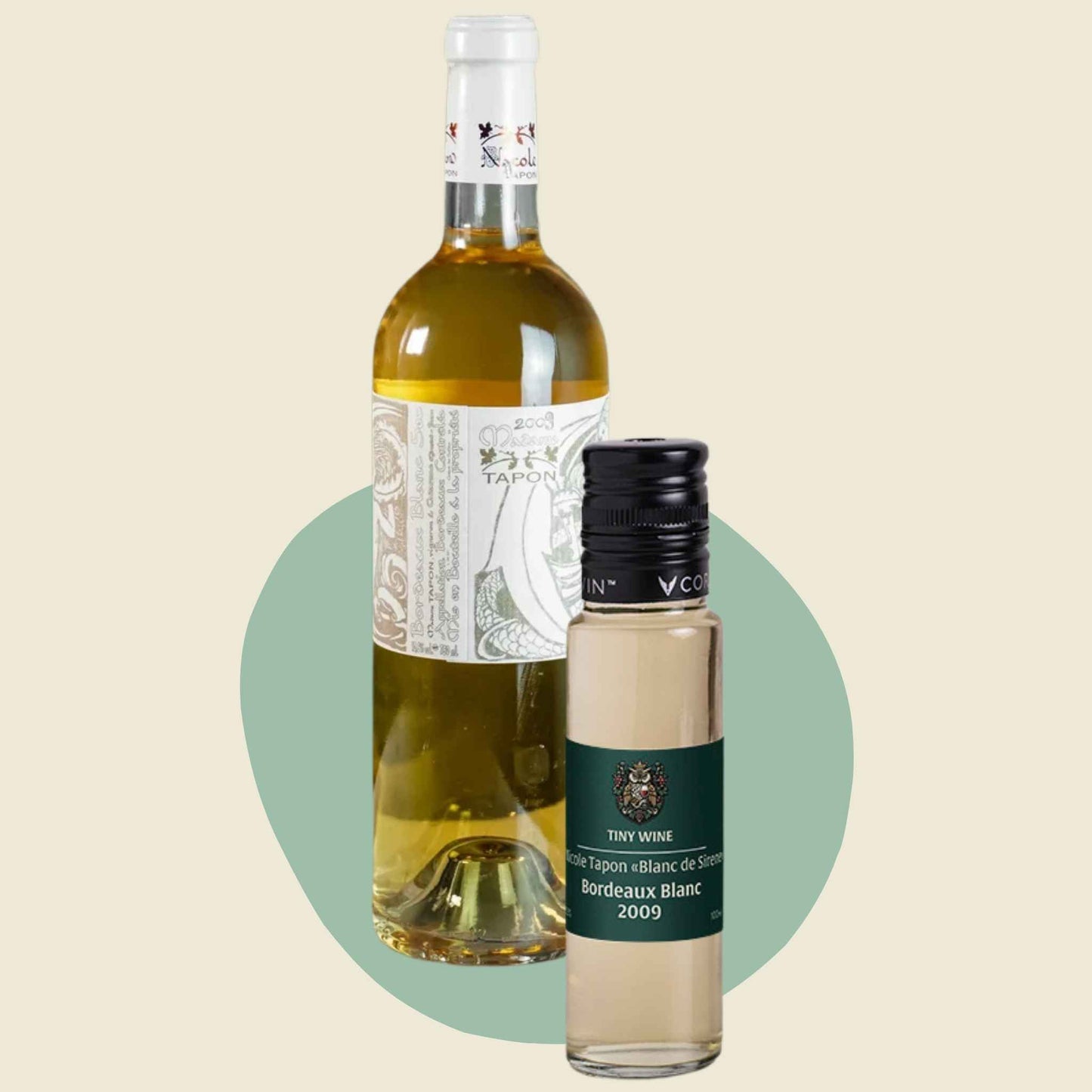 Nicole Tapon 'Blanc de Sirene' Bordeaux 2009 wine bottle alongside 100ml Tiny Wine tube