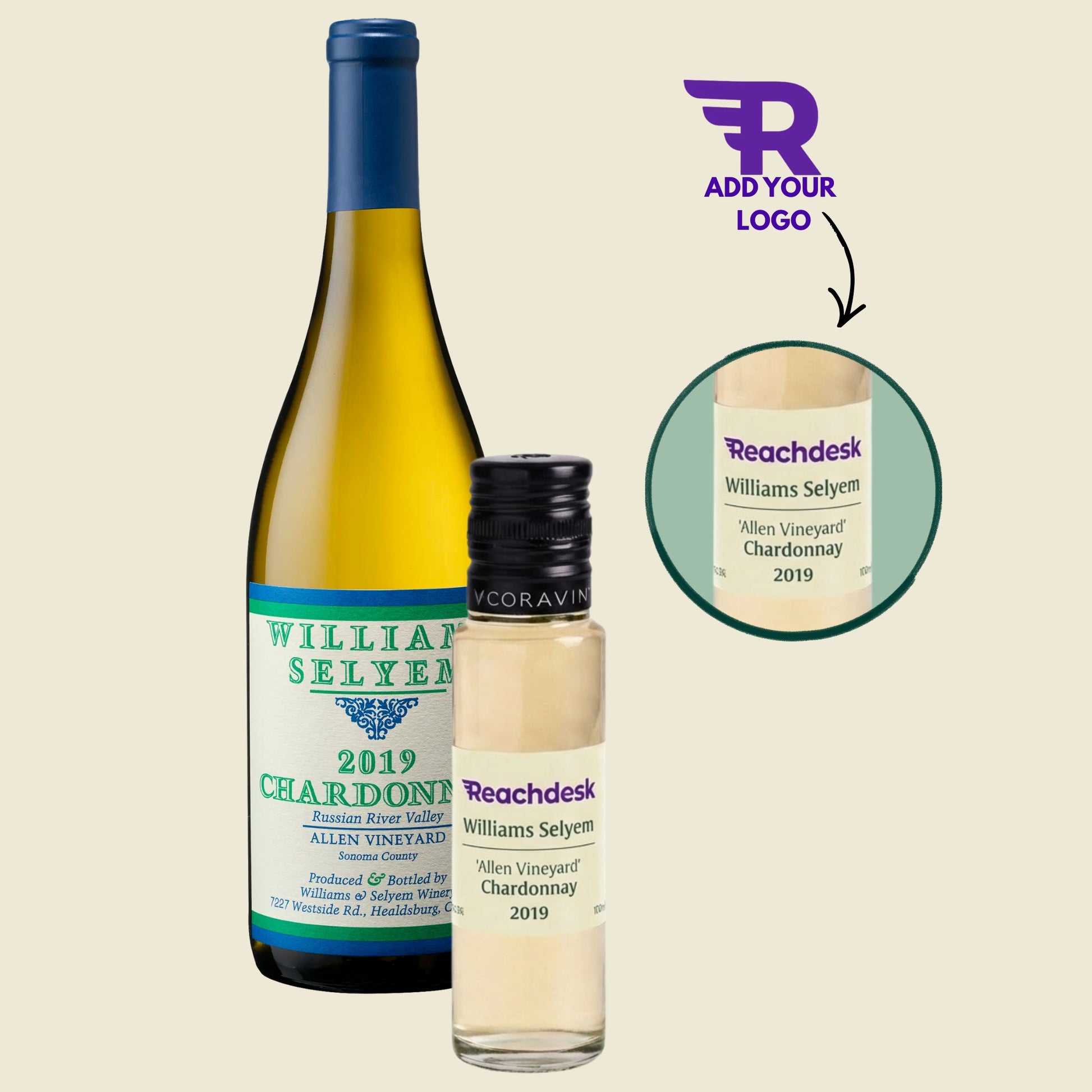 Bottle of William Selyem 2019 Chardonnay with a smaller bottle