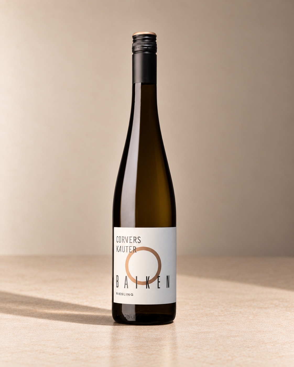 'Baiken Rauenthal' Riesling 2024 single wine bottle on a warm beige studio background