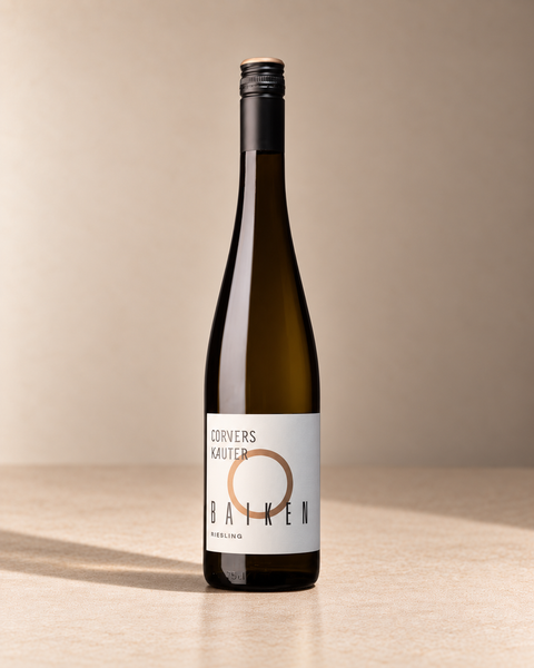'Baiken Rauenthal' Riesling 2024 single wine bottle on a warm beige studio background