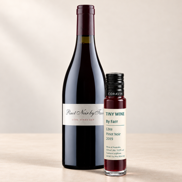 By Farr 'RP' Côte Vineyard Pinot Noir 2019, Tiny Wine 100ml tube beside a 750ml bottle.