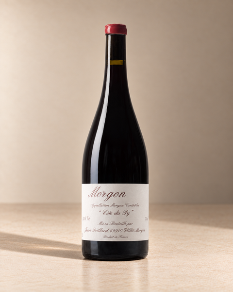'Côte du Py' Morgon 2022 - from magnum single wine bottle on a warm beige studio background