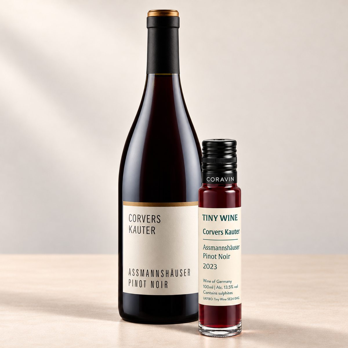 Corvers-Kauter Assmannshäuser Pinot Noir 2023, Tiny Wine 100ml tube beside a 750ml bottle.