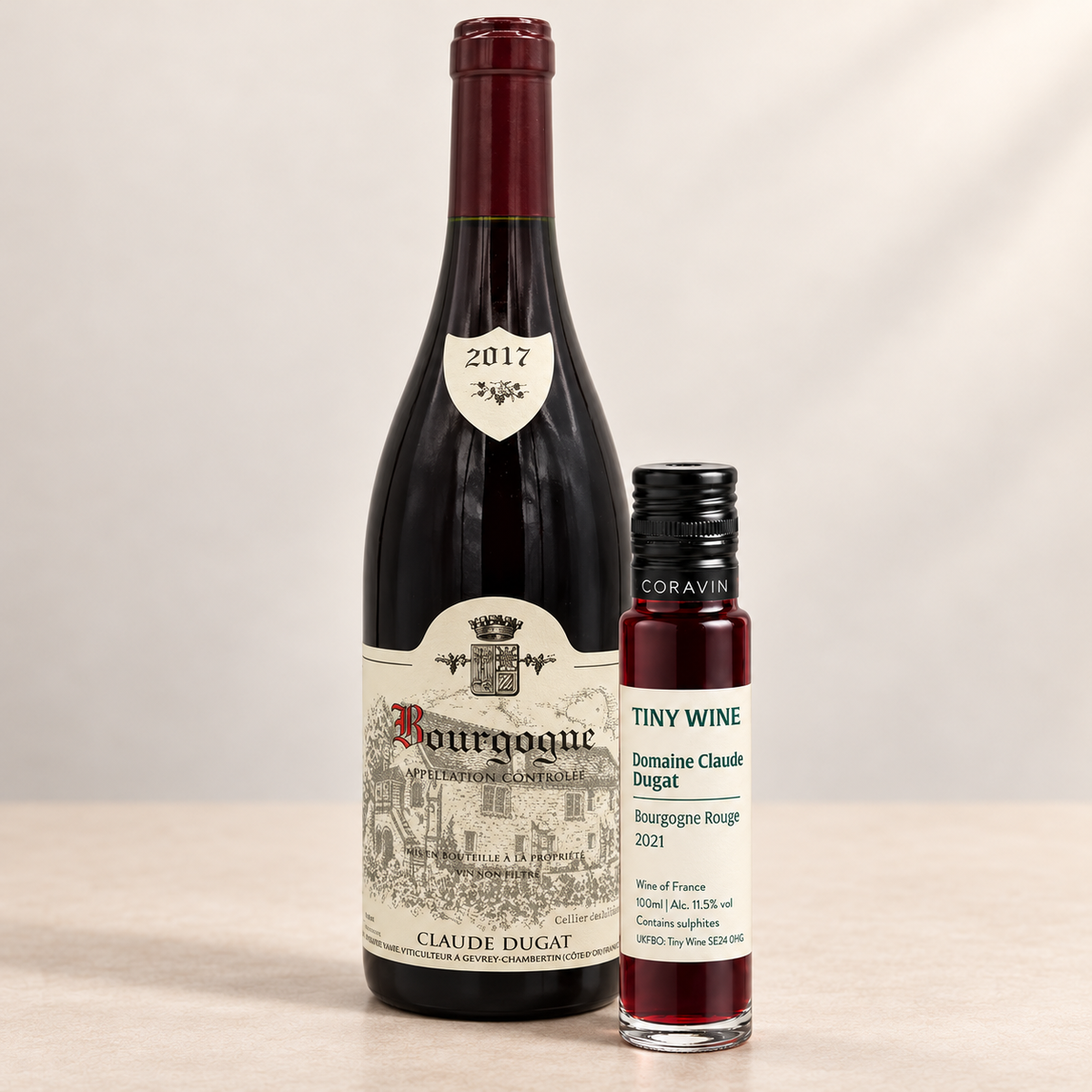 Domaine Claude Dugat Bourgogne Rouge 2021, Tiny Wine 100ml tube beside a 750ml bottle with representative 2017 bottle label.