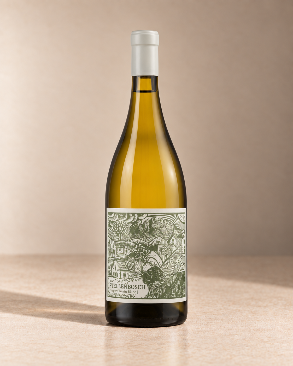 'Dorper' Chenin Blanc 2022 single wine bottle on a warm beige studio background