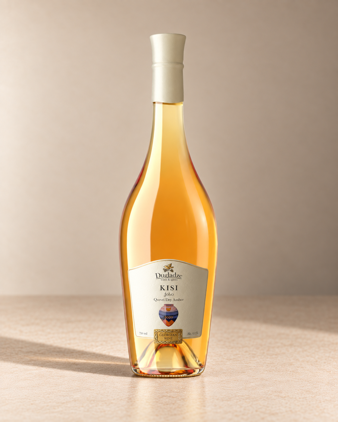 Dugladze 'Qvevri' Kisi Orange 2023 single wine bottle on a warm beige studio background