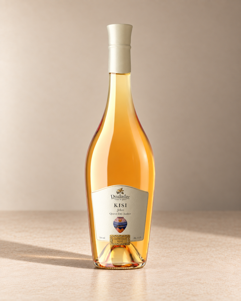 Dugladze 'Qvevri' Kisi Orange 2023 single wine bottle on a warm beige studio background