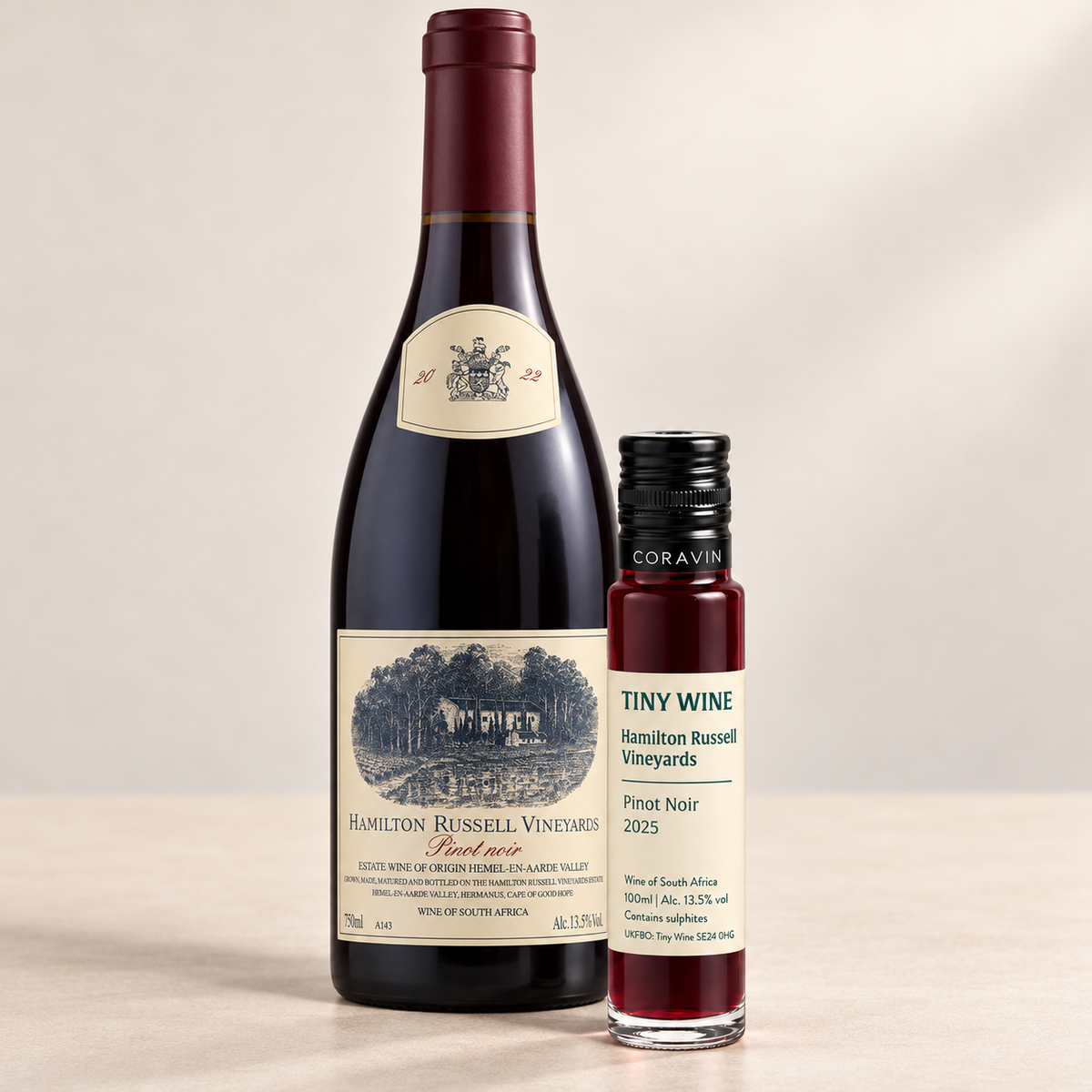 Hamilton Russell Vineyards Pinot Noir 2025, Tiny Wine 100ml tube beside a 750ml bottle with representative 2022 bottle label.