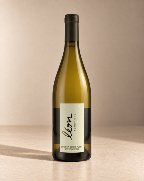 'Léon' Pouilly-Fumé 2023 single wine bottle on a warm beige studio background
