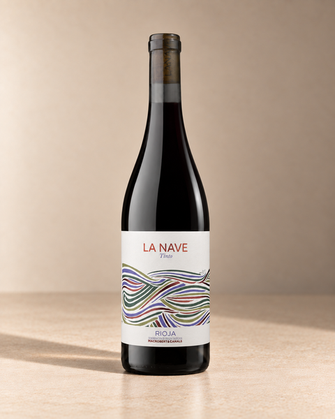 'La Nave' Rioja 2022 single wine bottle on a warm beige studio background