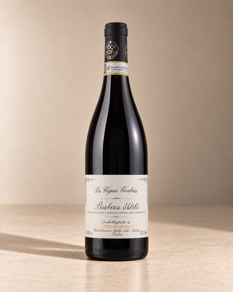 'La Vigna Vecchia' Barbera d'Asti Superiore 2022 single wine bottle on a warm beige studio background