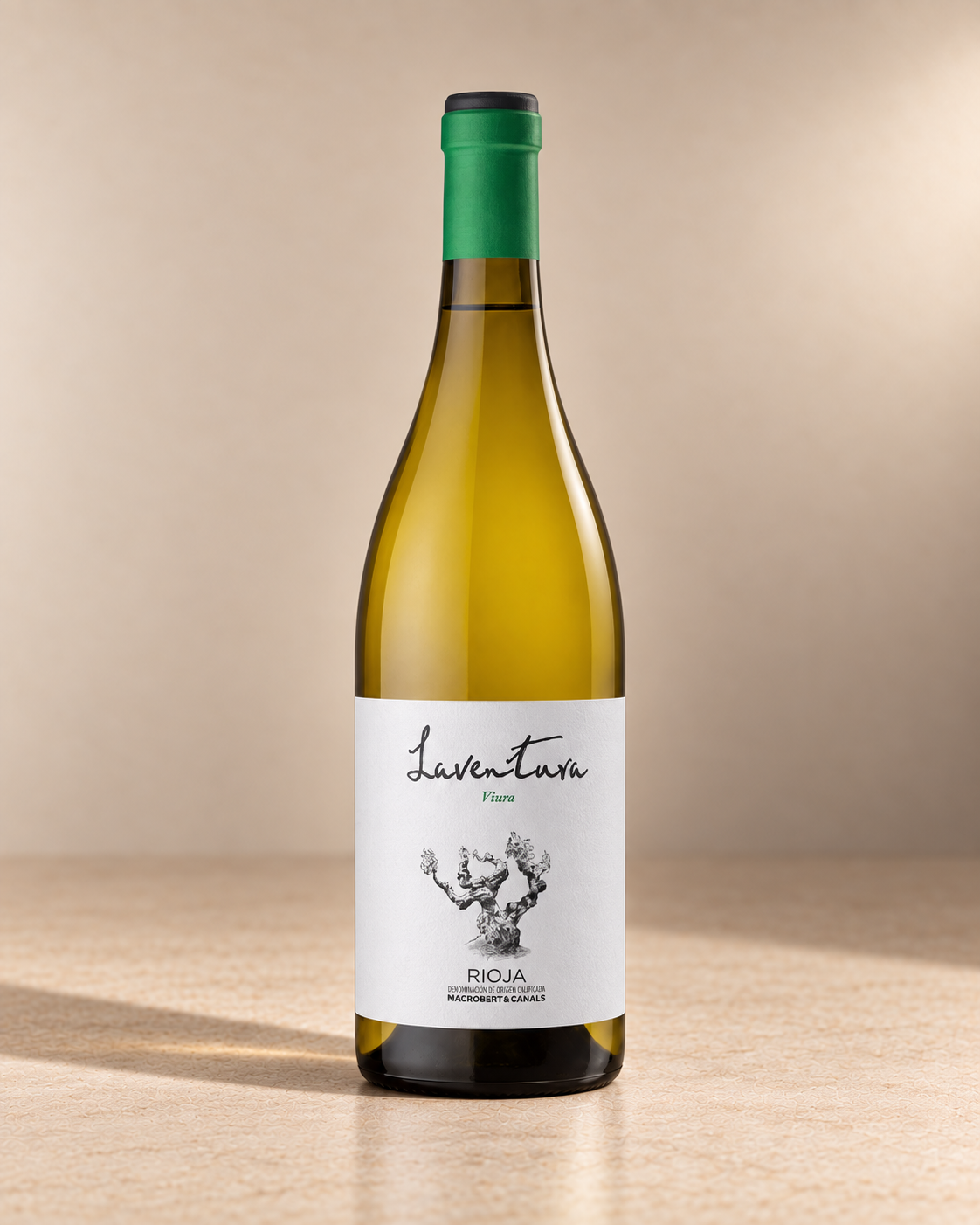'Laventura' Rioja Blanco 2023 single wine bottle on a warm beige studio background