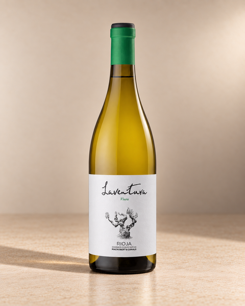 'Laventura' Rioja Blanco 2023 single wine bottle on a warm beige studio background