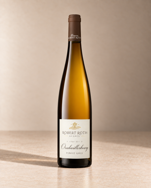 'Orschwillerbourg' Pinot Gris 2023 single wine bottle on a warm beige studio background