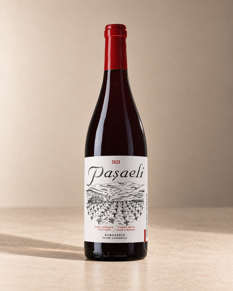 Pasaeli 'Old Vine' Karasakiz 2023 single wine bottle on a warm beige studio background