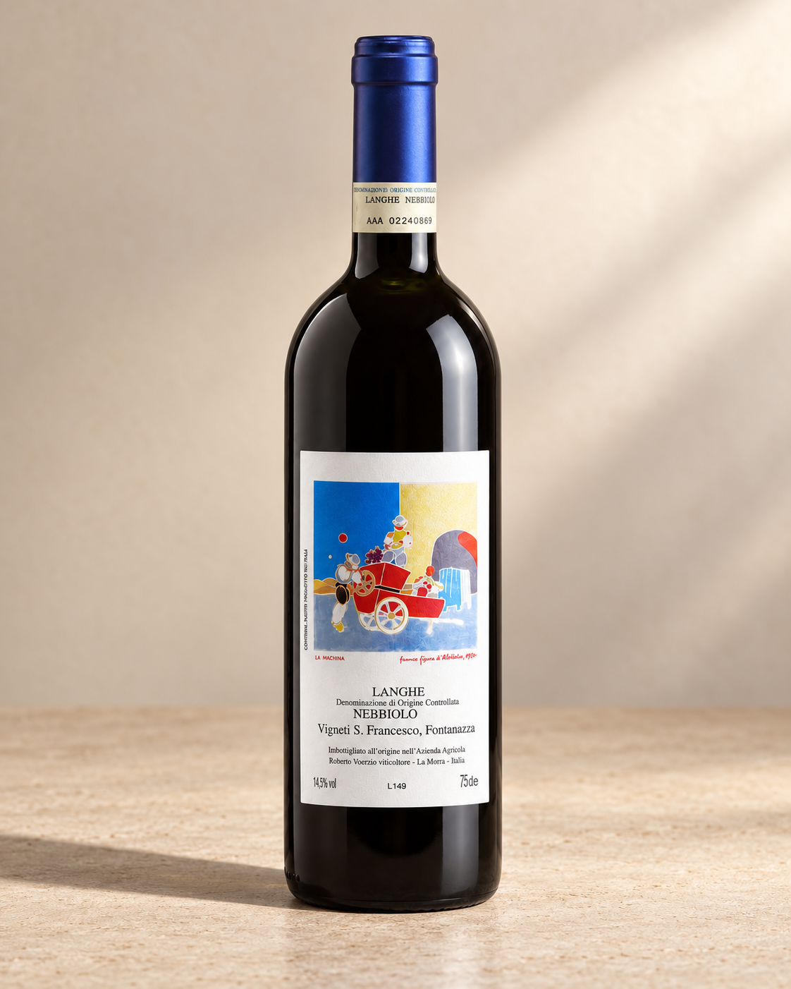 Roberto Voerzio Disanfrancesco Langhe Nebbiolo 2022 bottle on a warm beige studio background