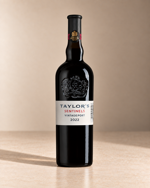 'Sentinels' Port 2022 single wine bottle on a warm beige studio background
