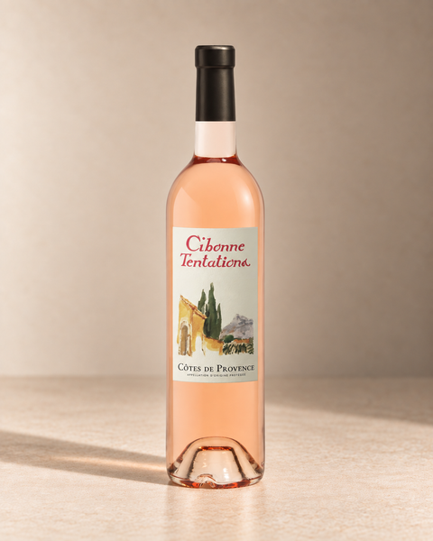 'Tentations' Rosé 2024 single wine bottle on a warm beige studio background