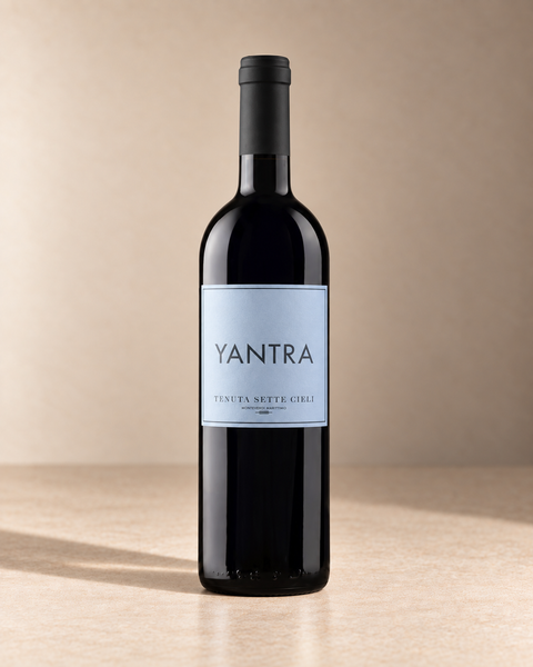 Tenuta Sette Cieli 'Yantra' Toscana IGT 2022 (100ml) single wine bottle on a warm beige studio background