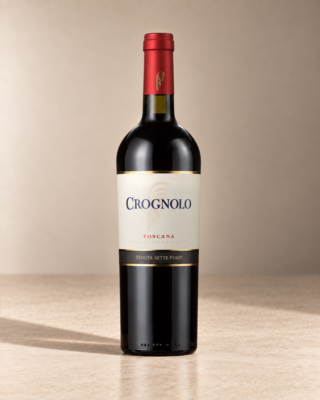 Tenuta Sette Ponti 'Crognolo' Toscana IGT 2021 (100ml) single wine bottle on a warm beige studio background