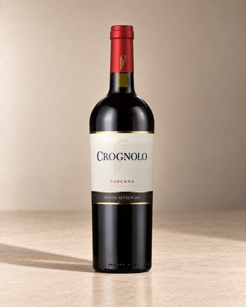 Tenuta Sette Ponti 'Crognolo' Toscana IGT 2021 (100ml) single wine bottle on a warm beige studio background